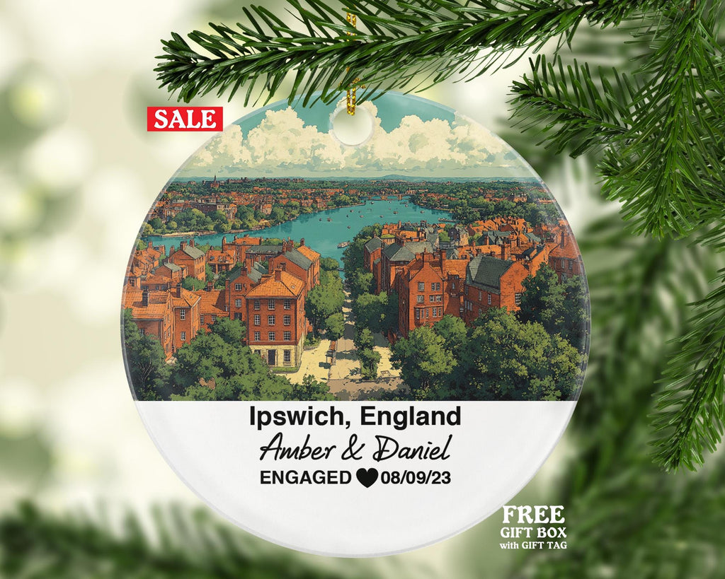 Ipswich England Round Ceramic Christmas Ornament – Personalized Riverside Views Keepsake, Custom Couple Gift for Wedding or Honeymoon