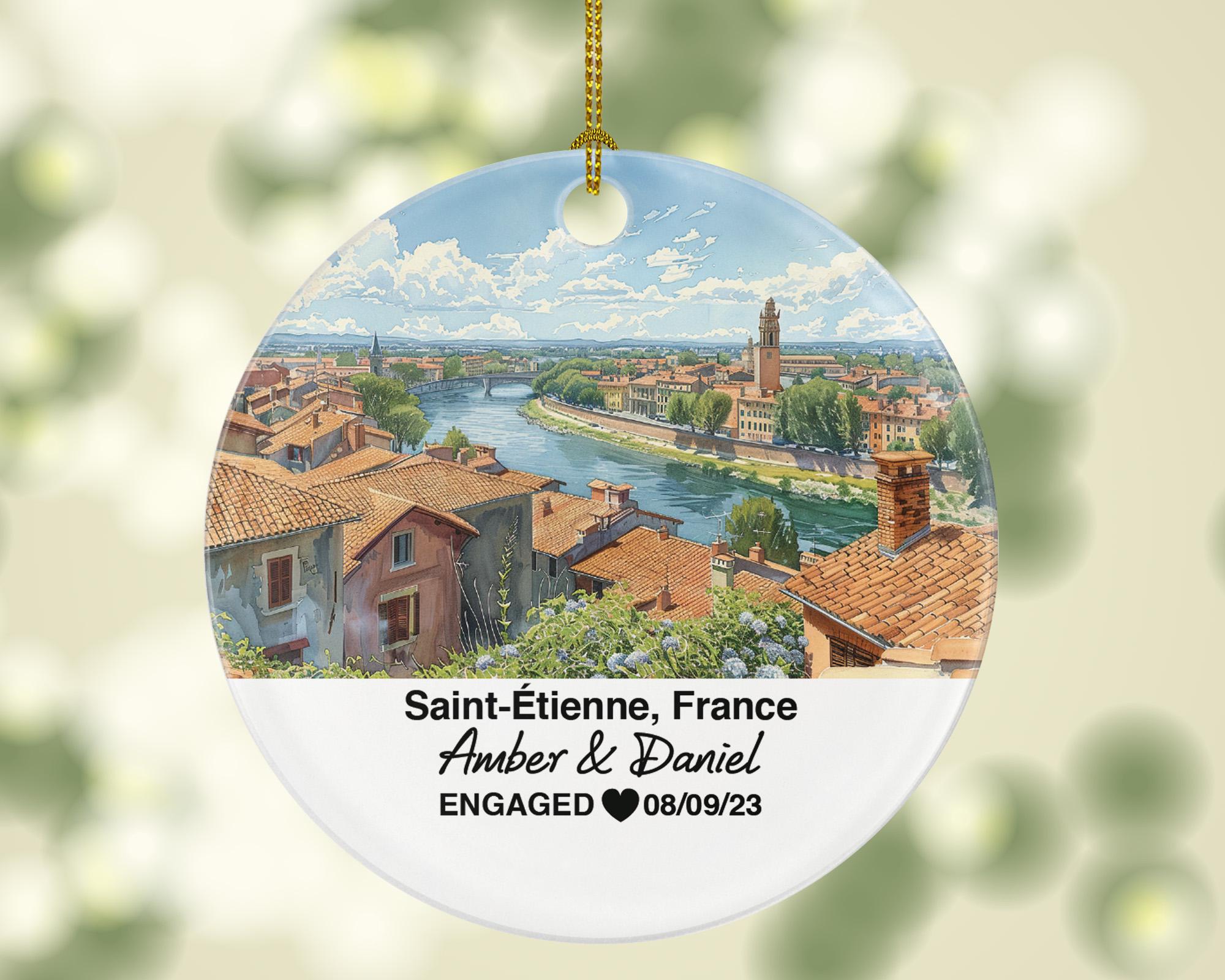Personalized Saint-Etienne France Christmas Ornament, Historic Architecture, Mr & Mrs Wedding, Engagement, or Honeymoon Keepsake for Couples
