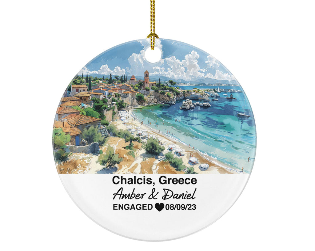 Chalcis Greece Round Ceramic Christmas Ornament – Personalized Holiday Keepsake, Custom Couple Gift for Wedding or Honeymoon