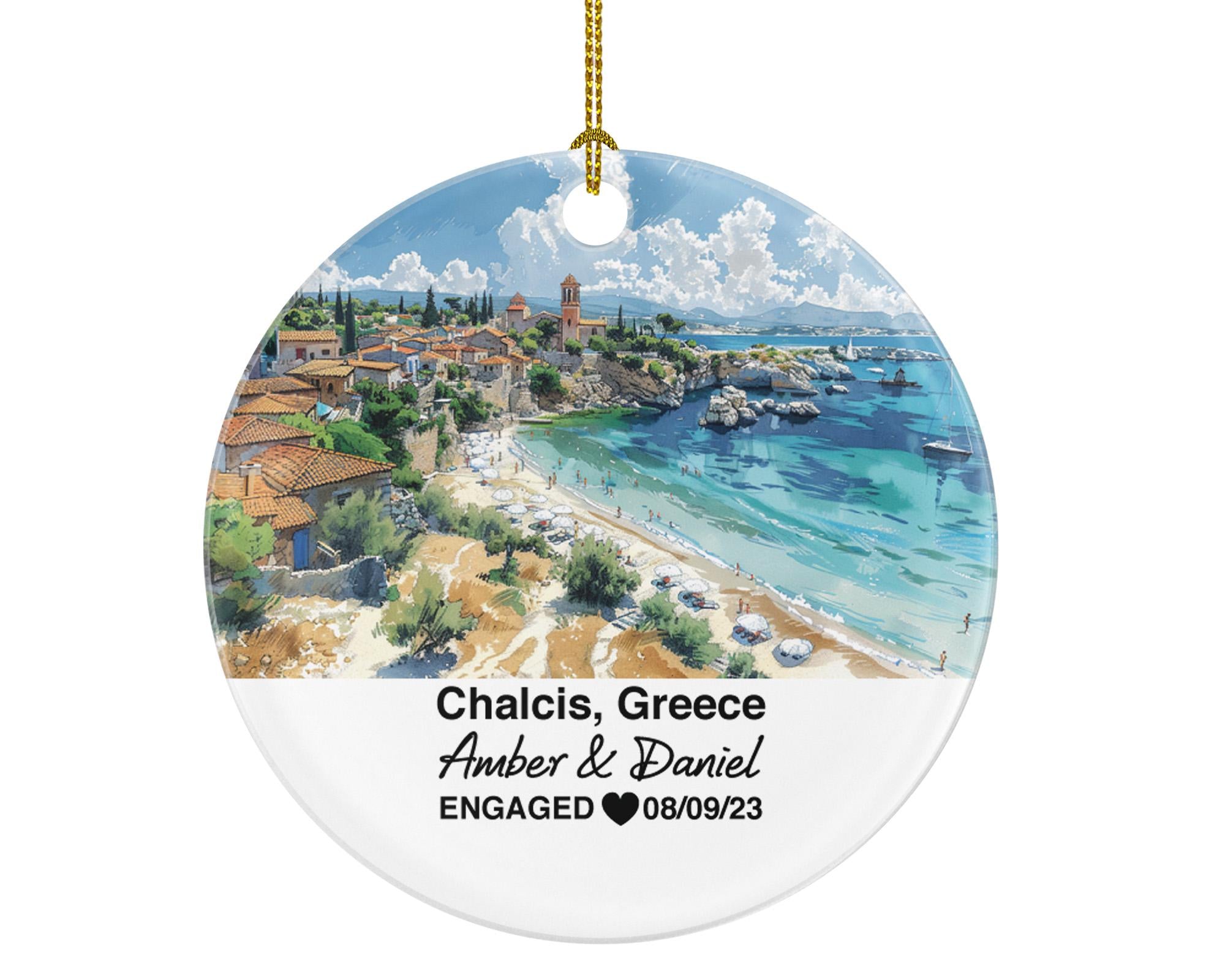 Chalcis Greece Round Ceramic Christmas Ornament – Personalized Holiday Keepsake, Custom Couple Gift for Wedding or Honeymoon