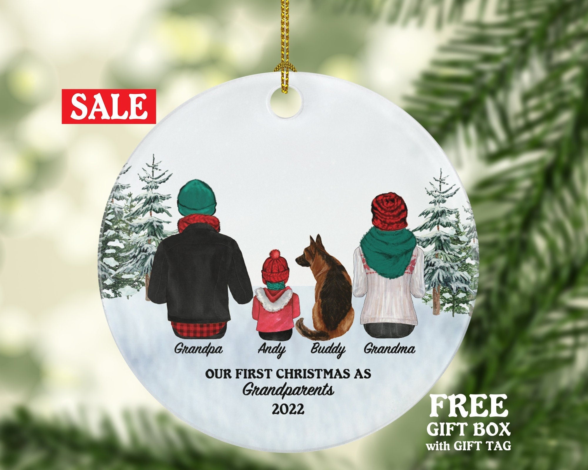 Grandparents with Baby and Pet Dog Cat First Christmas Personalized Ornament Custom Grandma Grandpa Newborn Infant Lover Owner Holiday Gift