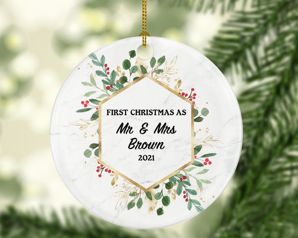 First Christmas as Mr & Mrs Married Couple Christmas Ornament Personalized - Newlywed Christmas First Custom Gift - Greenery