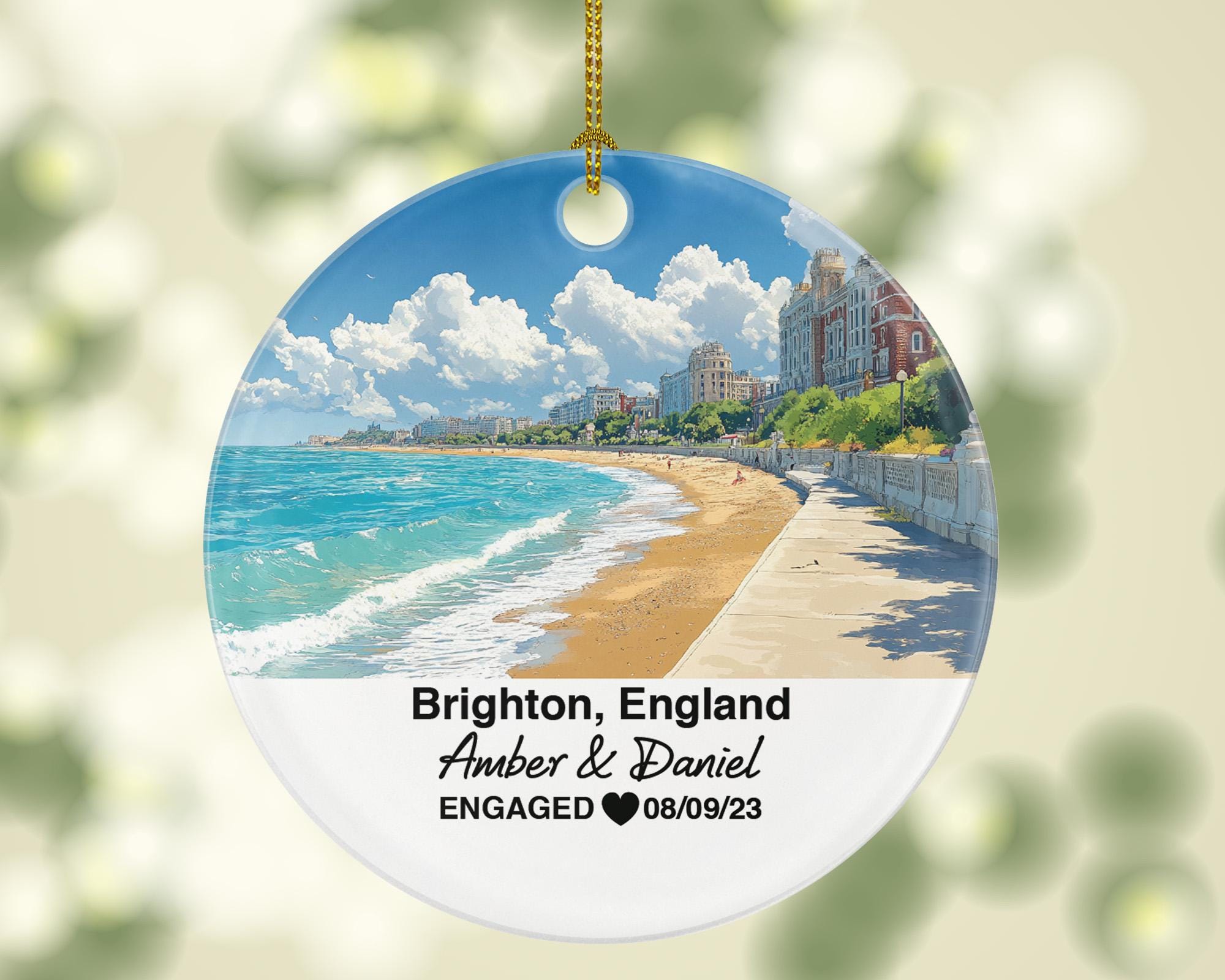 Brighton England Round Ceramic Christmas Ornament – Personalized Royal Pavilion Keepsake, Custom Couple Gift for Wedding or Honeymoon