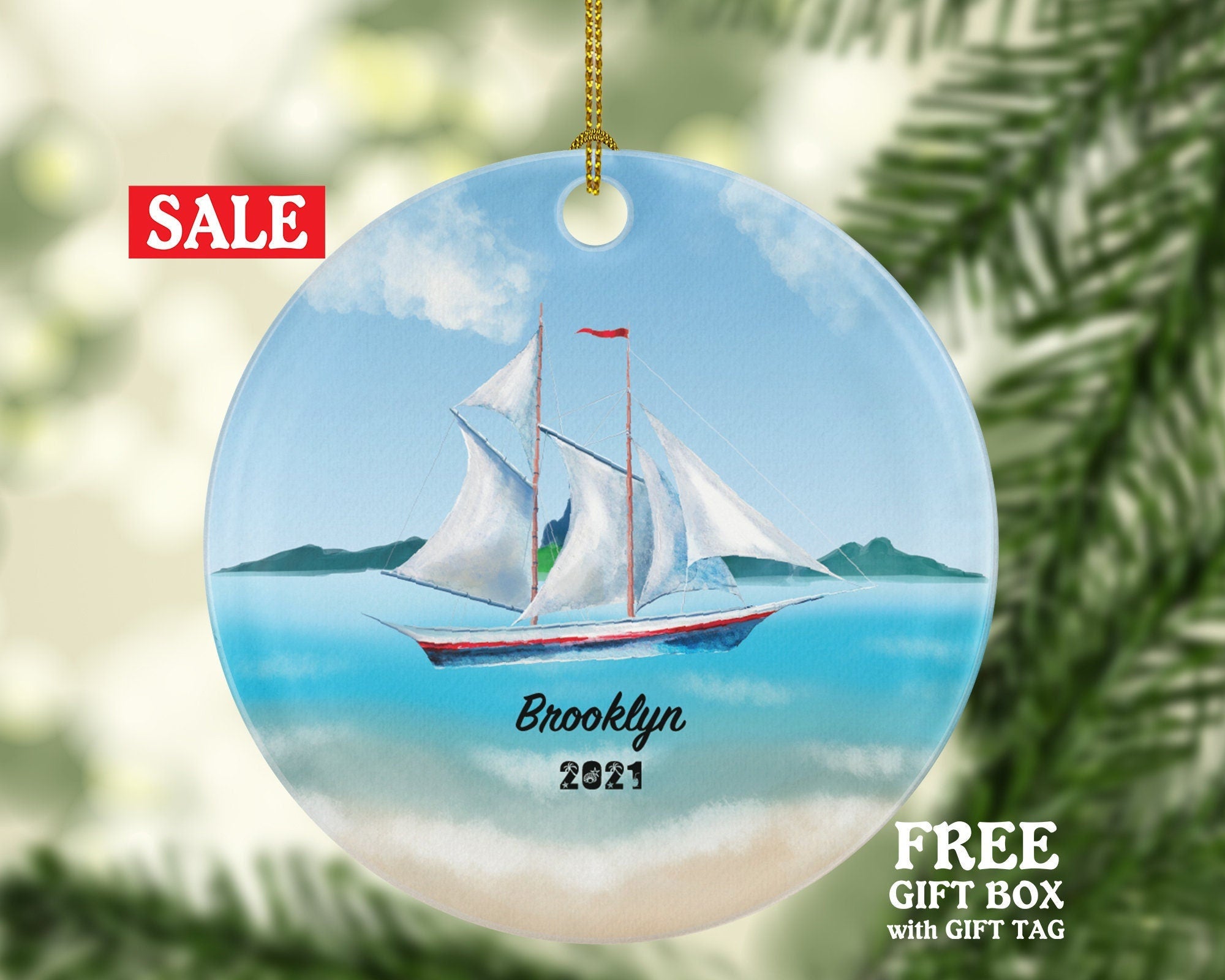 Sailboat Christmas Ornament - Personalized Sailor Custom Sailing Family Boat Gift for Captain