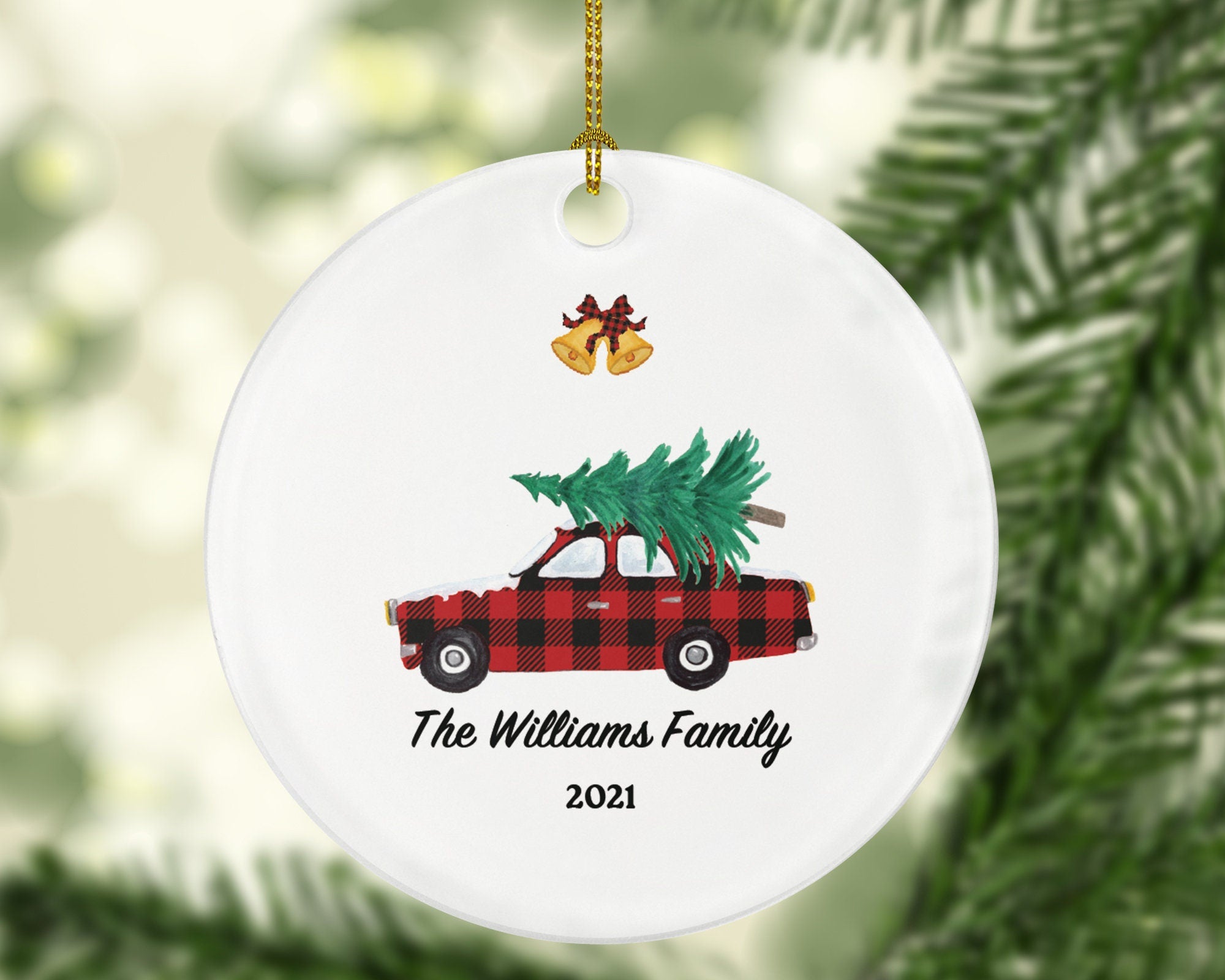 Family Car Christmas Ornament Personalized - Buffalo Plaid Black and Red Car Gift Custom Ornament Road Trip - Farmhouse Decor
