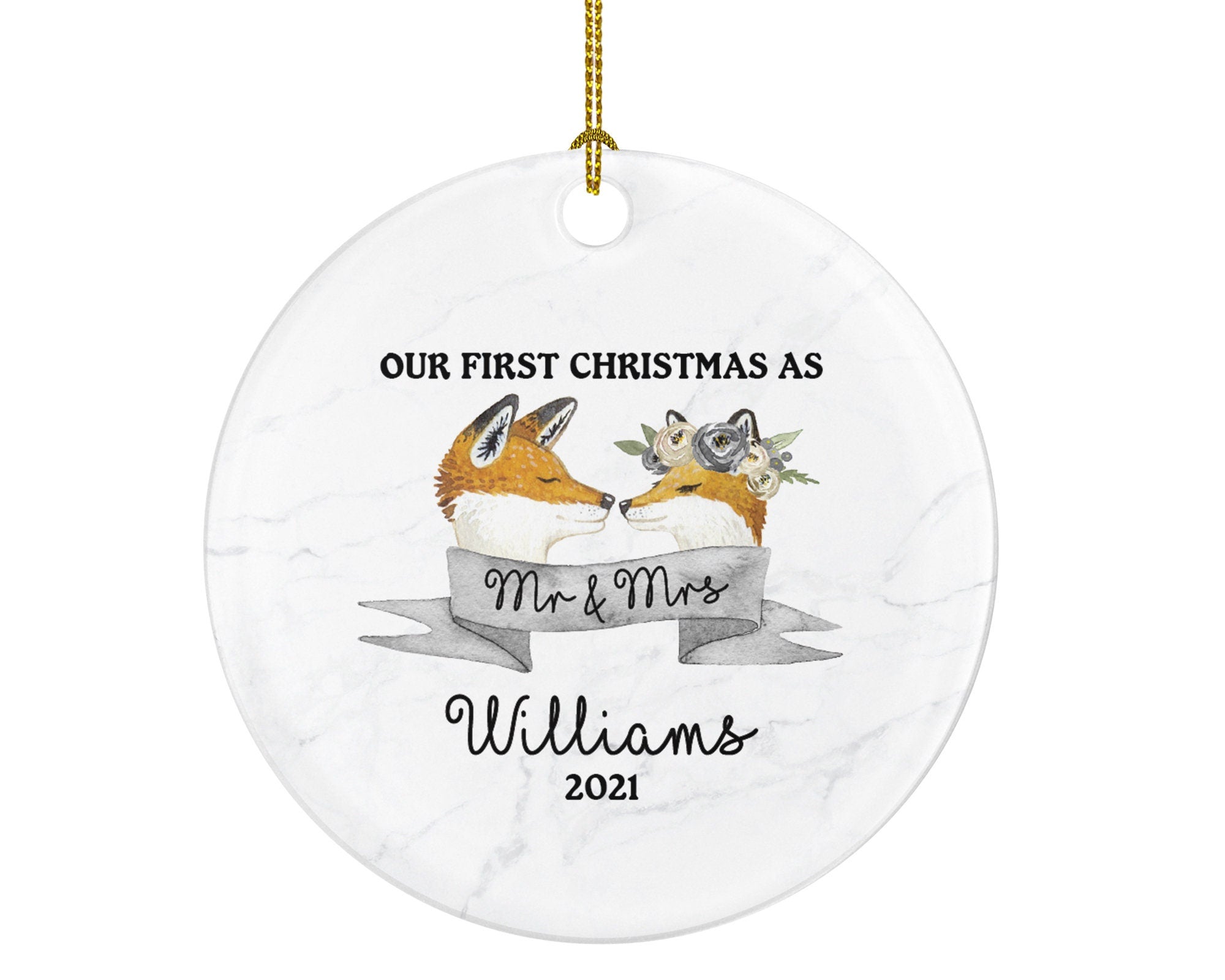 Our First Christmas as Mr & Mrs Married Couple Christmas Ornament Personalized - Fox Couple Newlywed Christmas First Custom Gift