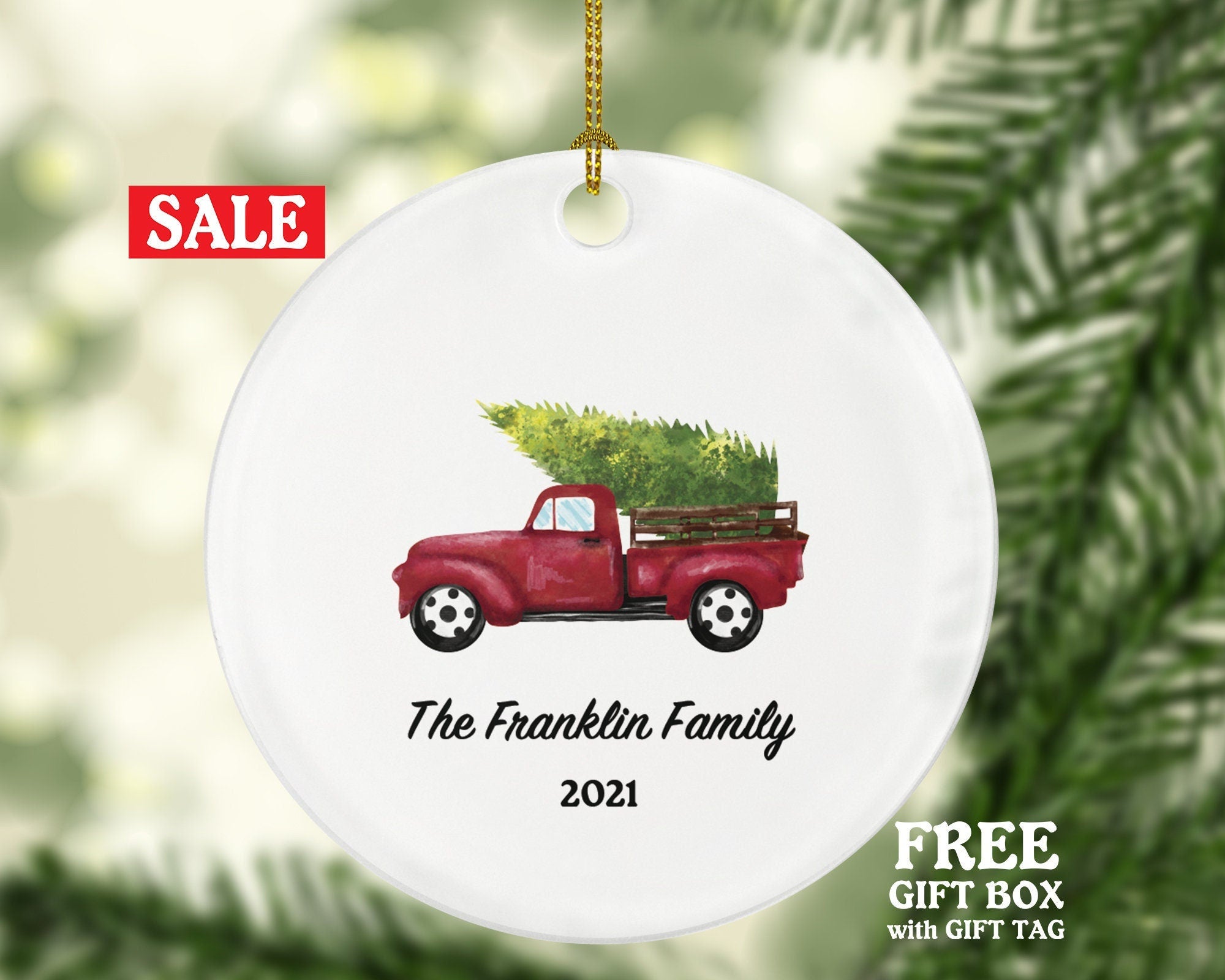 Personalized Red Pickup Truck Family Christmas Ornament - Vintage Red Pick up Car Gift Custom Ornament With Name Road Trip - Farmhouse Decor