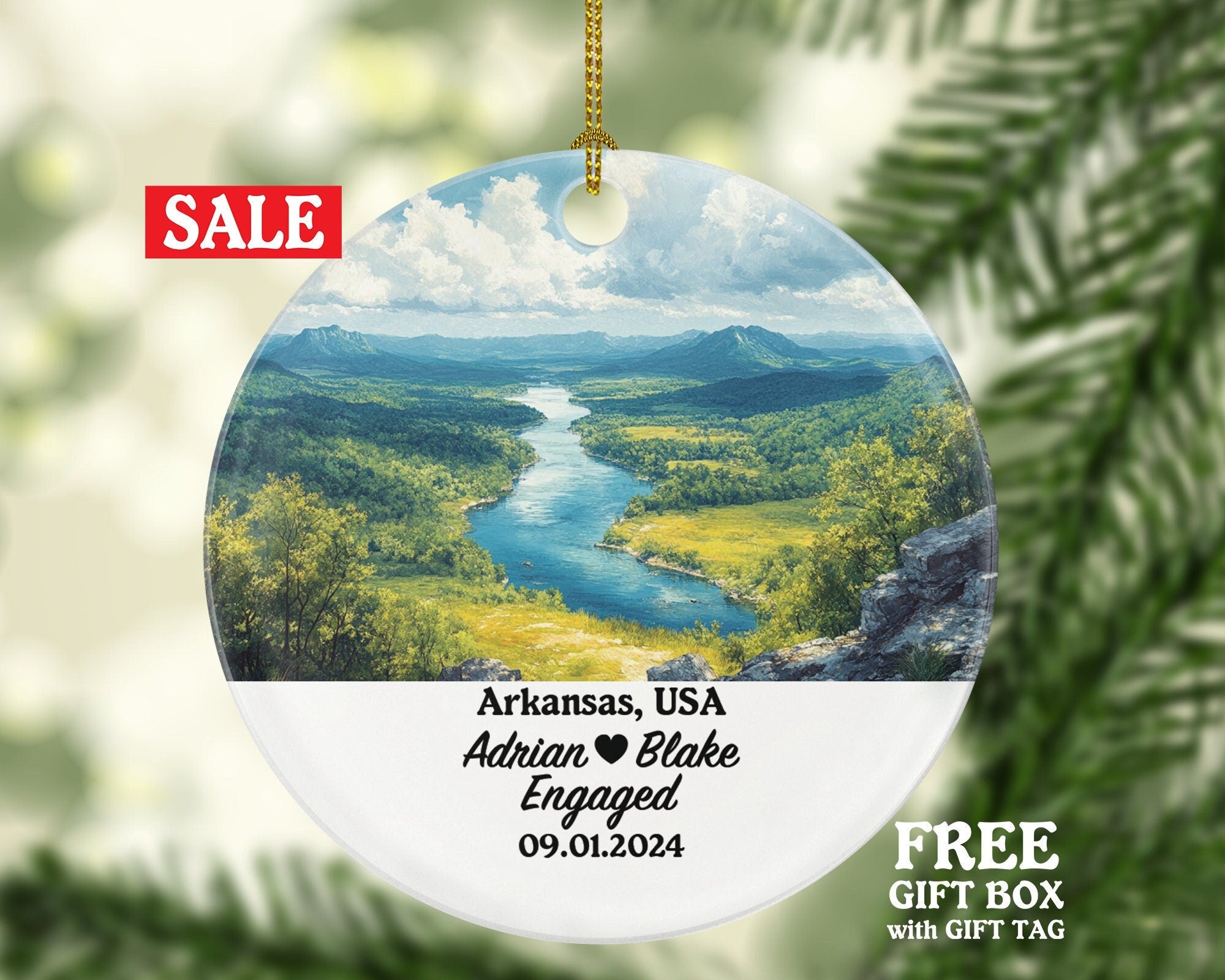 Arkansas Christmas Ornament Personalized - AR Engaged Married Family Together Couple Travel Honeymoon Engagement Marriage