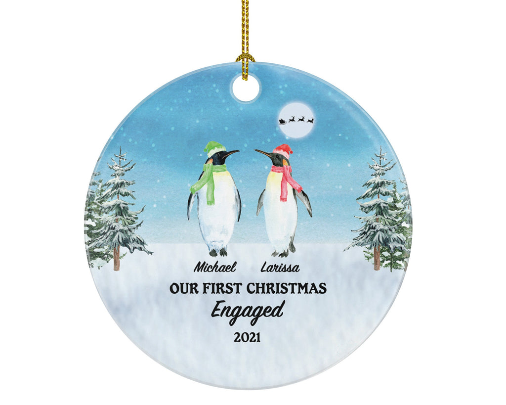 First Christmas Engaged Custom Ornament - Personalized Engagement Announcement Penguin Couple Gift - Custom Date Name - Future Husband Wife