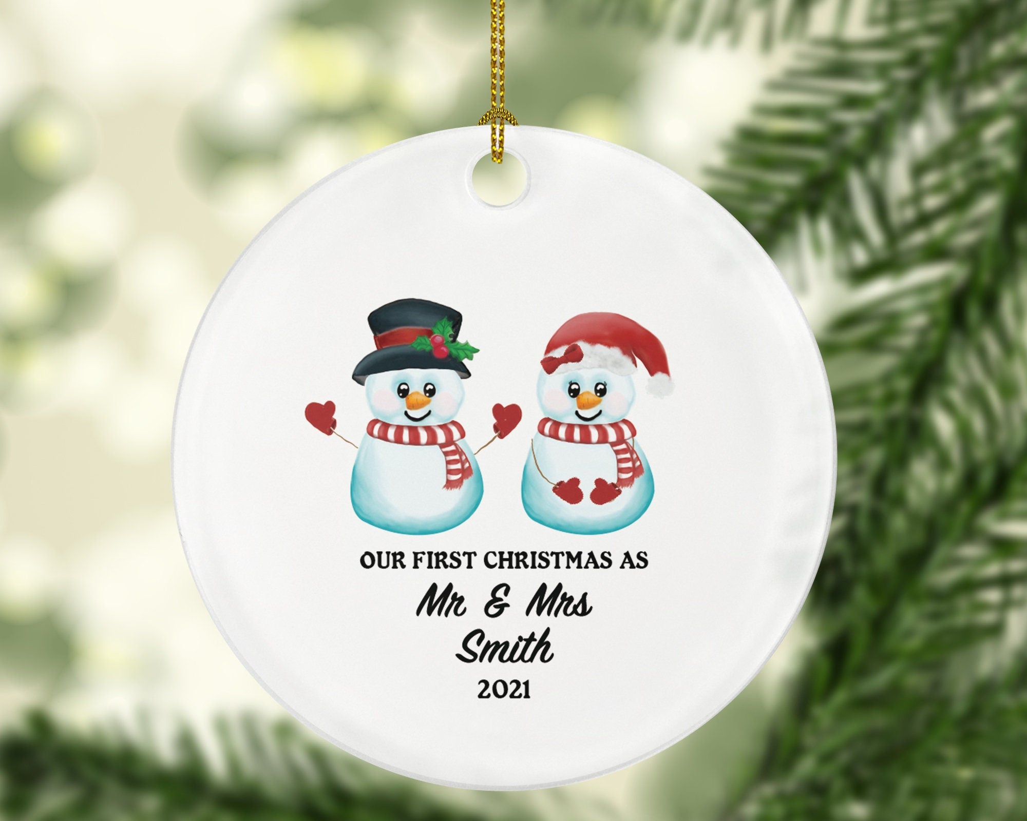 First Christmas as Mr & Mrs Married Couple Christmas Ornament Personalized - Newlywed Mr. and Mrs. Wedding Gift - Snowmen