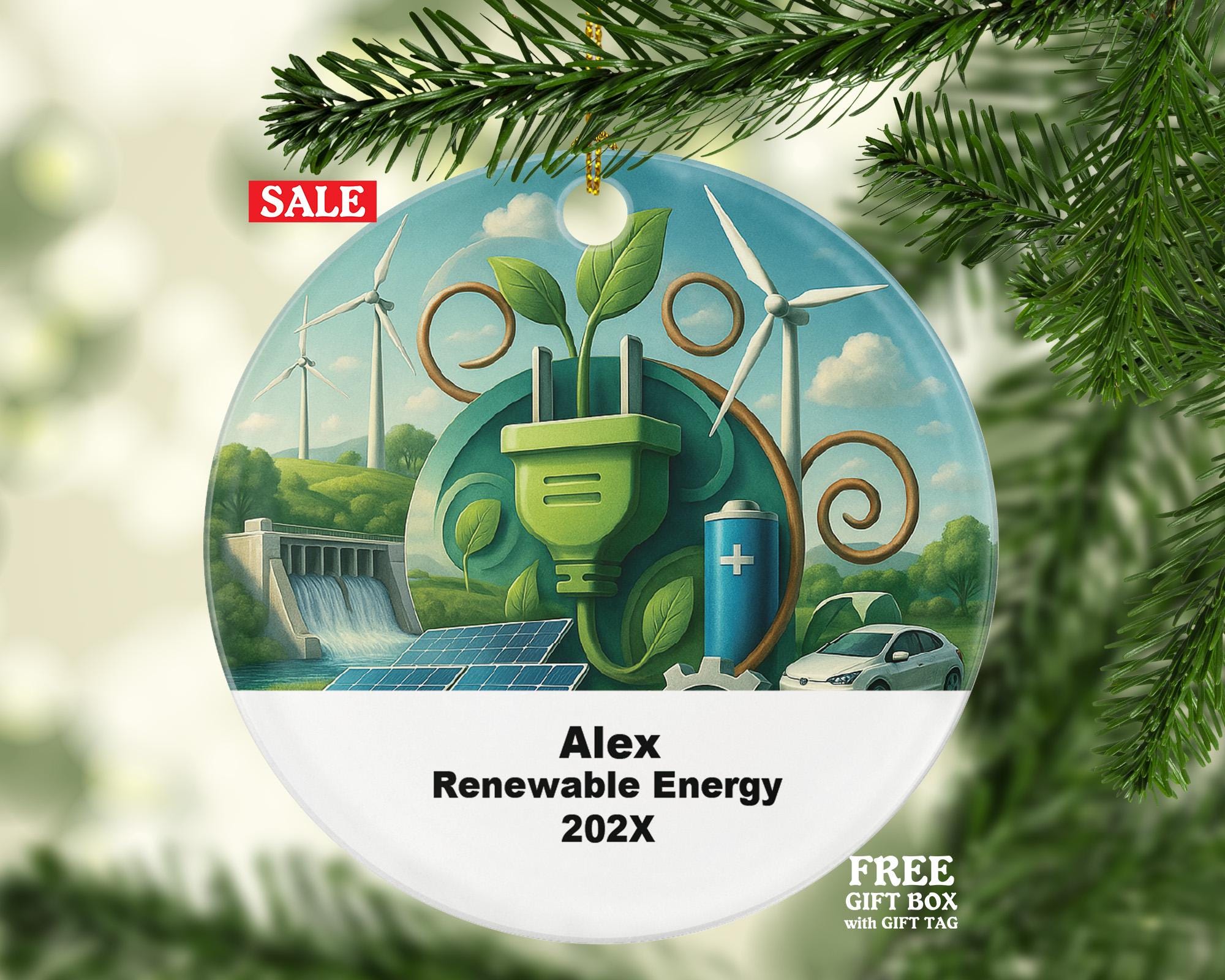 Personalized Renewable Energy Ornament – Solar, Wind & Eco Design – Custom Holiday Gift with Name