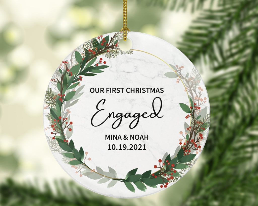First Christmas Engaged Personalized Ornament - Engagement Announcement Couple Gift - Greenery
