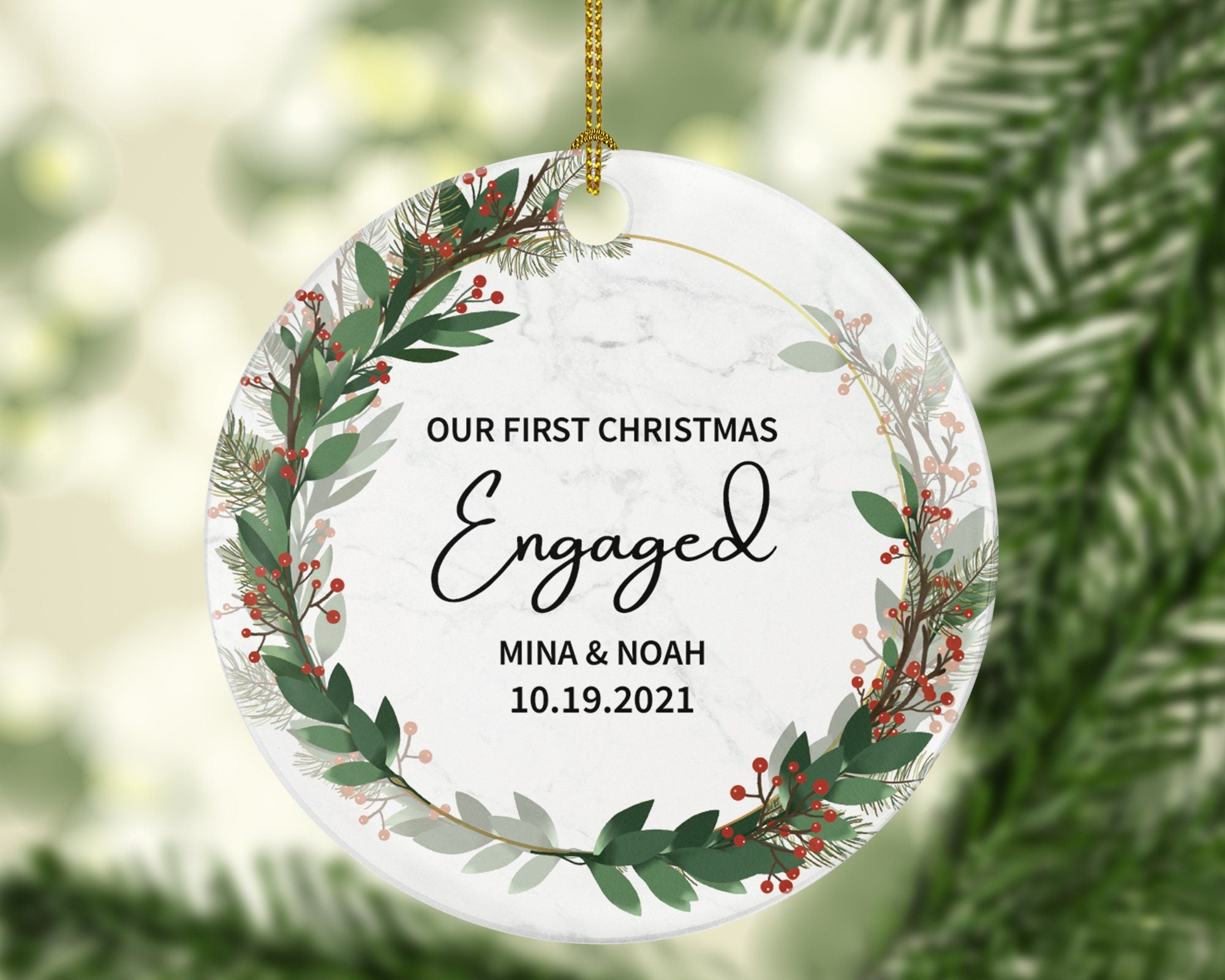 First Christmas Engaged Personalized Ornament - Engagement Announcement Couple Gift - Greenery