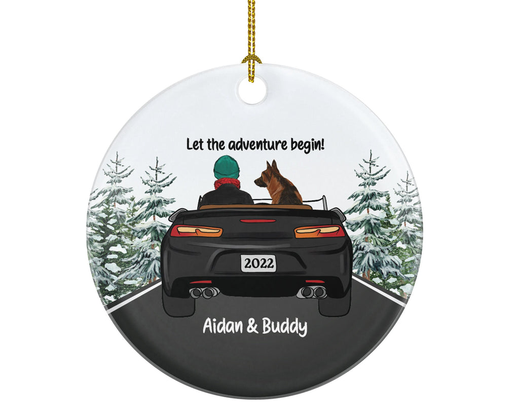 Dog and Driver Male in Convertible Car Personalized Christmas Ornament New Driving Custom Pet Lover Owner Women Gift Fur Holiday Rescue