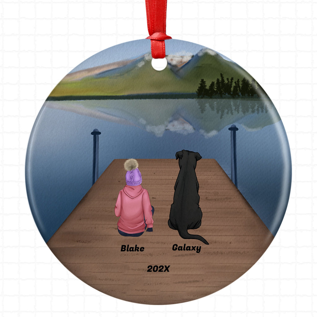 Personalized Pet Girl Daughter Kid Child Grandchild Granddaughter Christmas Ornament Custom Ceramic Dog Cat Owners Holiday Gift Lake Scene