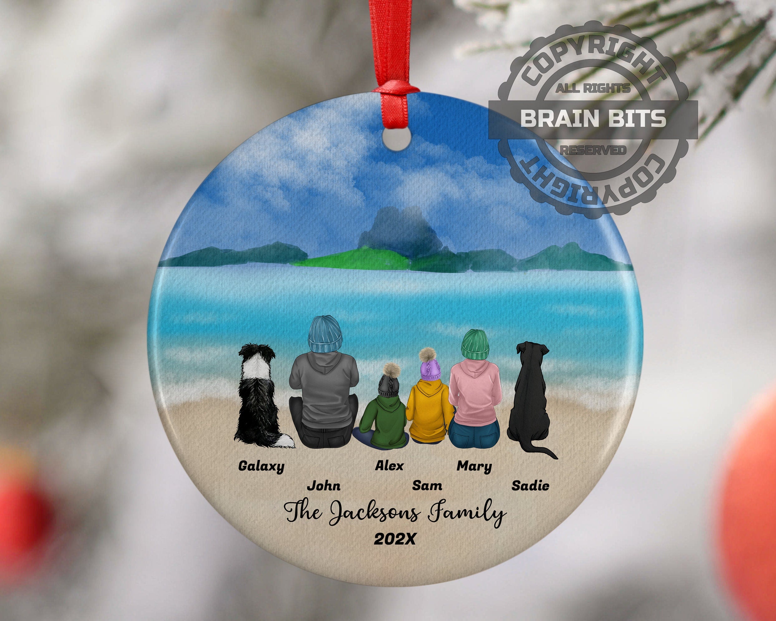 Personalized Family Christmas Ornament with Pet Custom Ceramic Keepsake for Couples Dog Cat Owners Holiday Gift Beach Scene