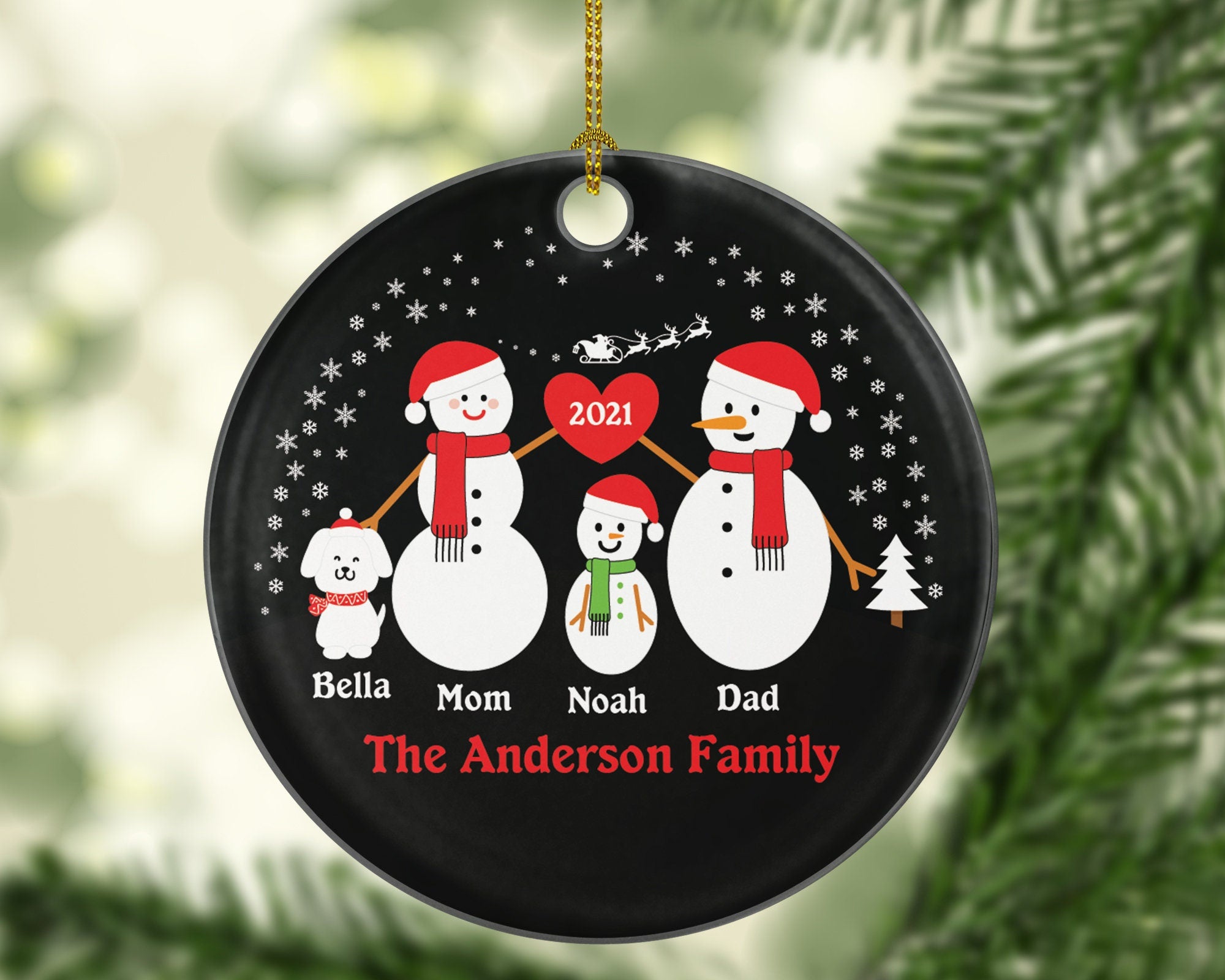 Personalized Family of 3 Ornaments With Dog Pet, Personalized Christmas Ornament, 3 snowmen, Snowman Family Ornament, Family of 3 Ornament