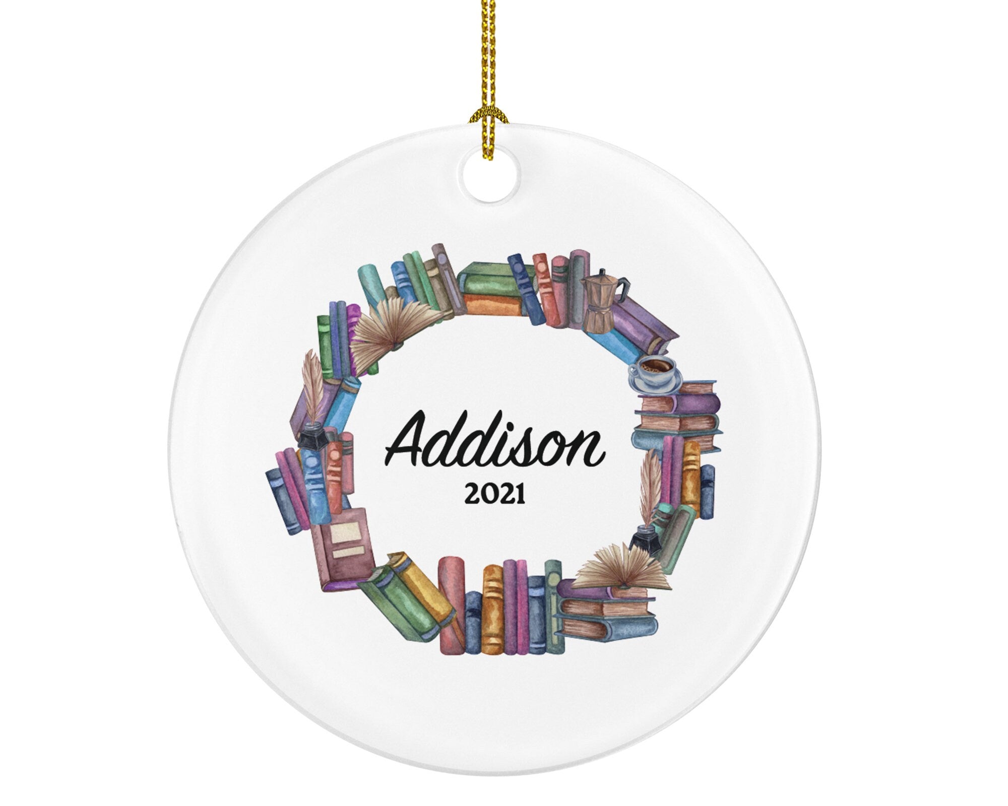 Book Lover Librarian Christmas Ornament Personalized, Library Bookworm Gift Custom Name
