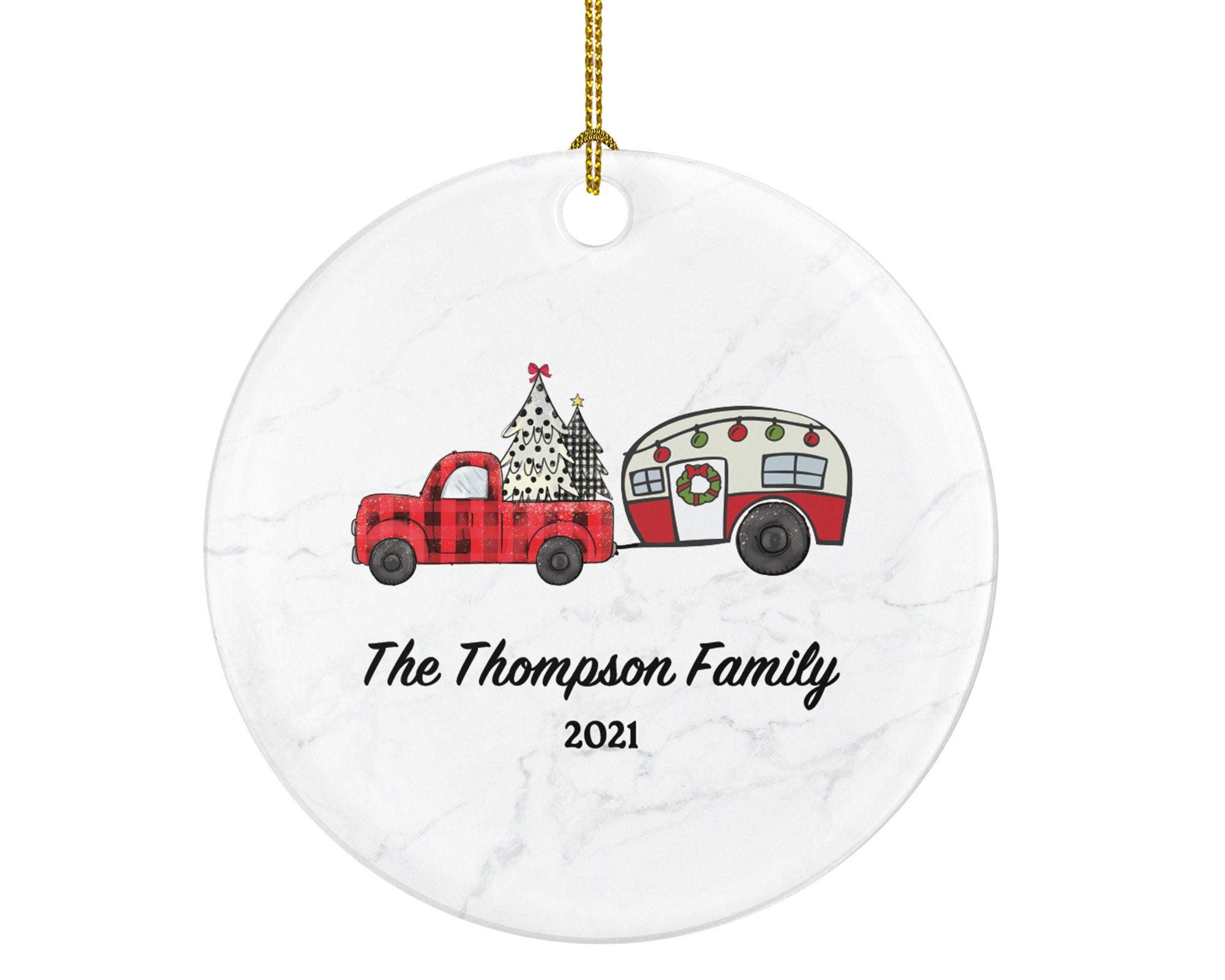 Camping Pull Trailer RV Camper Family Christmas Ornament - Personalized Vacation Red Lumberjack Truck with Recreational Gift