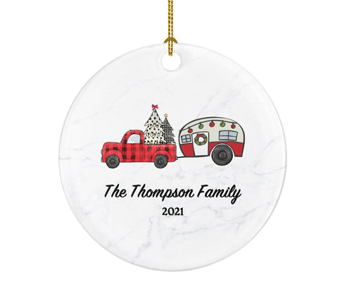 Camping Pull Trailer RV Camper Family Christmas Ornament - Personalized Vacation Red Lumberjack Truck with Recreational Gift