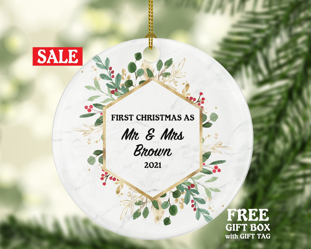 First Christmas as Mr & Mrs Married Couple Christmas Ornament Personalized - Newlywed Christmas First Custom Gift - Greenery
