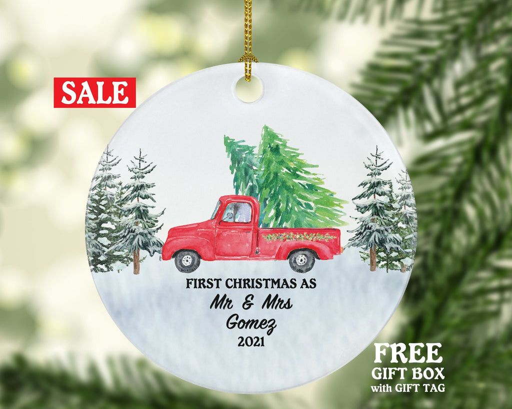 First Christmas Married with Red Truck Christmas Personalized Ornament - Just Married Custom Gift
