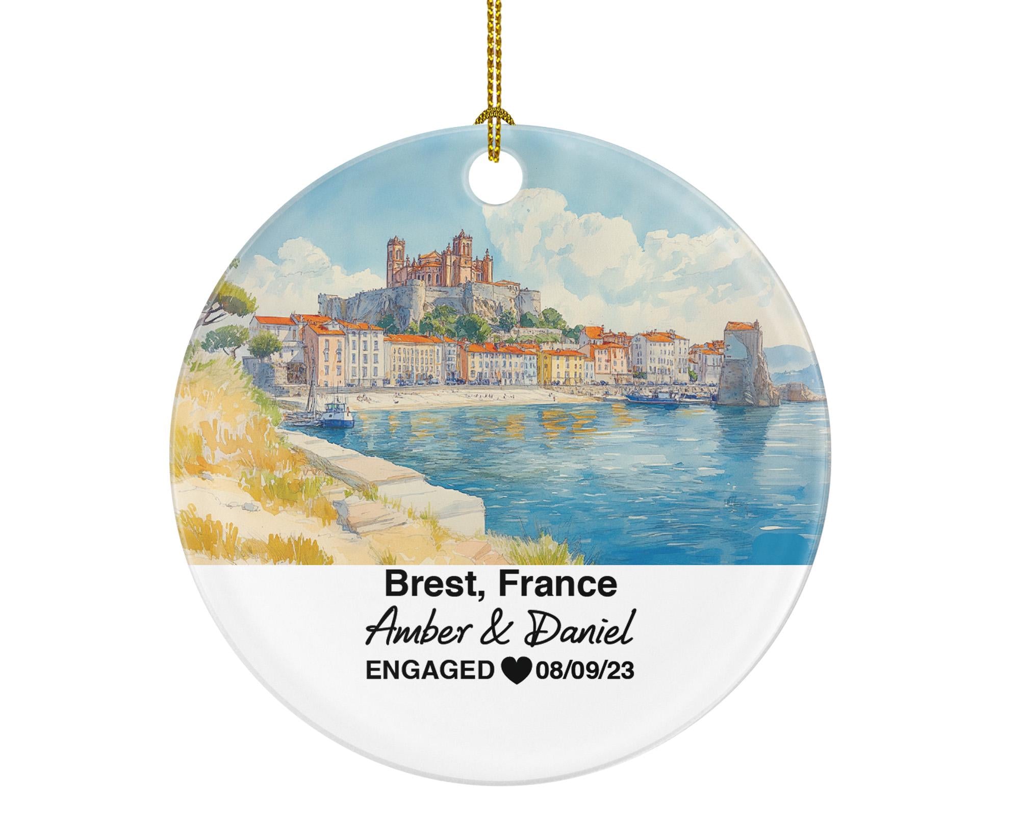 Personalized Brest France Christmas Ornament, Brest Castle, Oceanic Coastline, Mr & Mrs Wedding, Engagement, or Honeymoon Gift for Couples