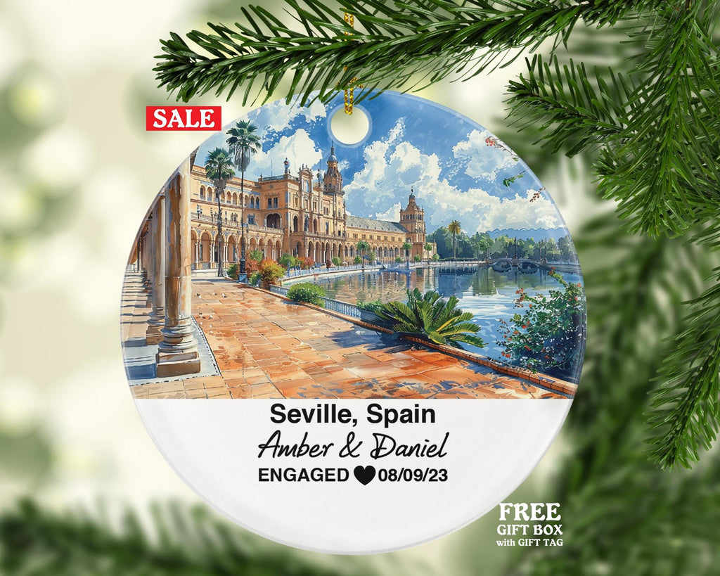 Seville Spain Round Ceramic Christmas Ornament – Personalized Holiday Keepsake, Custom Couple Gift for Wedding or Honeymoon