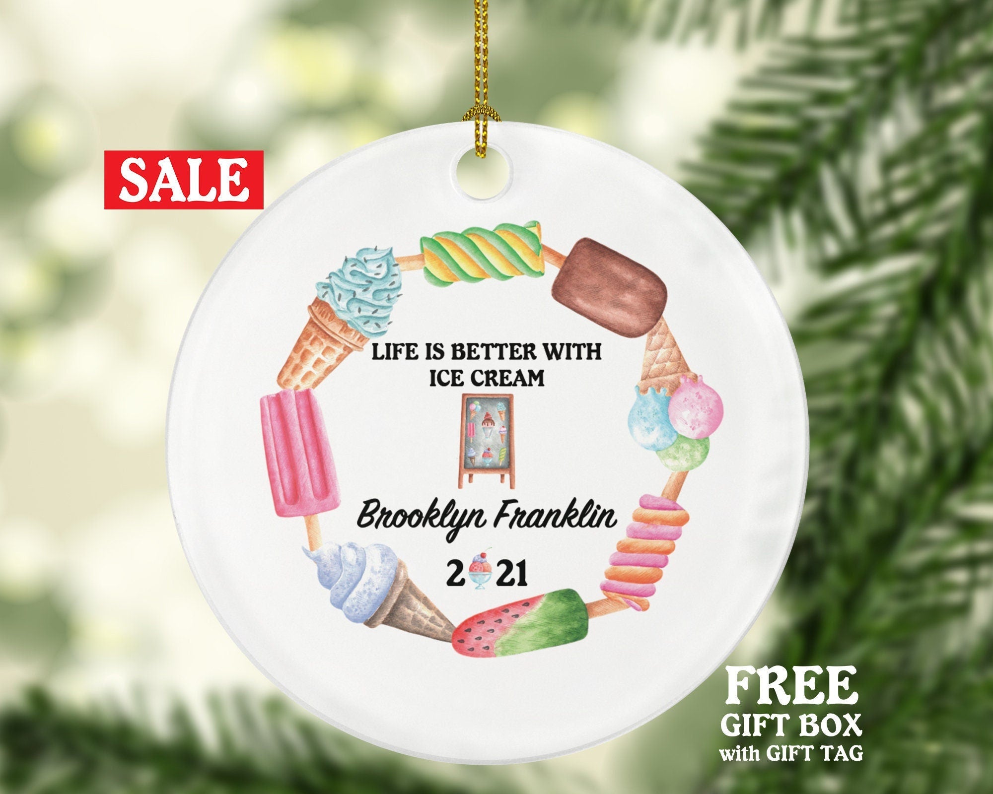 Ice Cream Shop Truck Owner Worker Waitress Christmas Ornament - Personalized Gift for Ice Cream Lover Custom Name Boss Employee