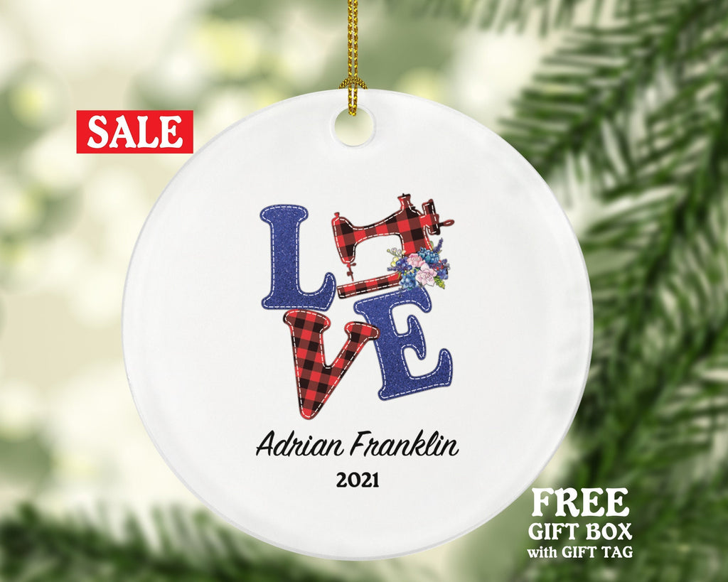 Sewing Love Christmas Ornament Personalized - Sewing Lover - Sewer Quilter Stitcher Tailor Custom Gift - Sewing Machine Tree