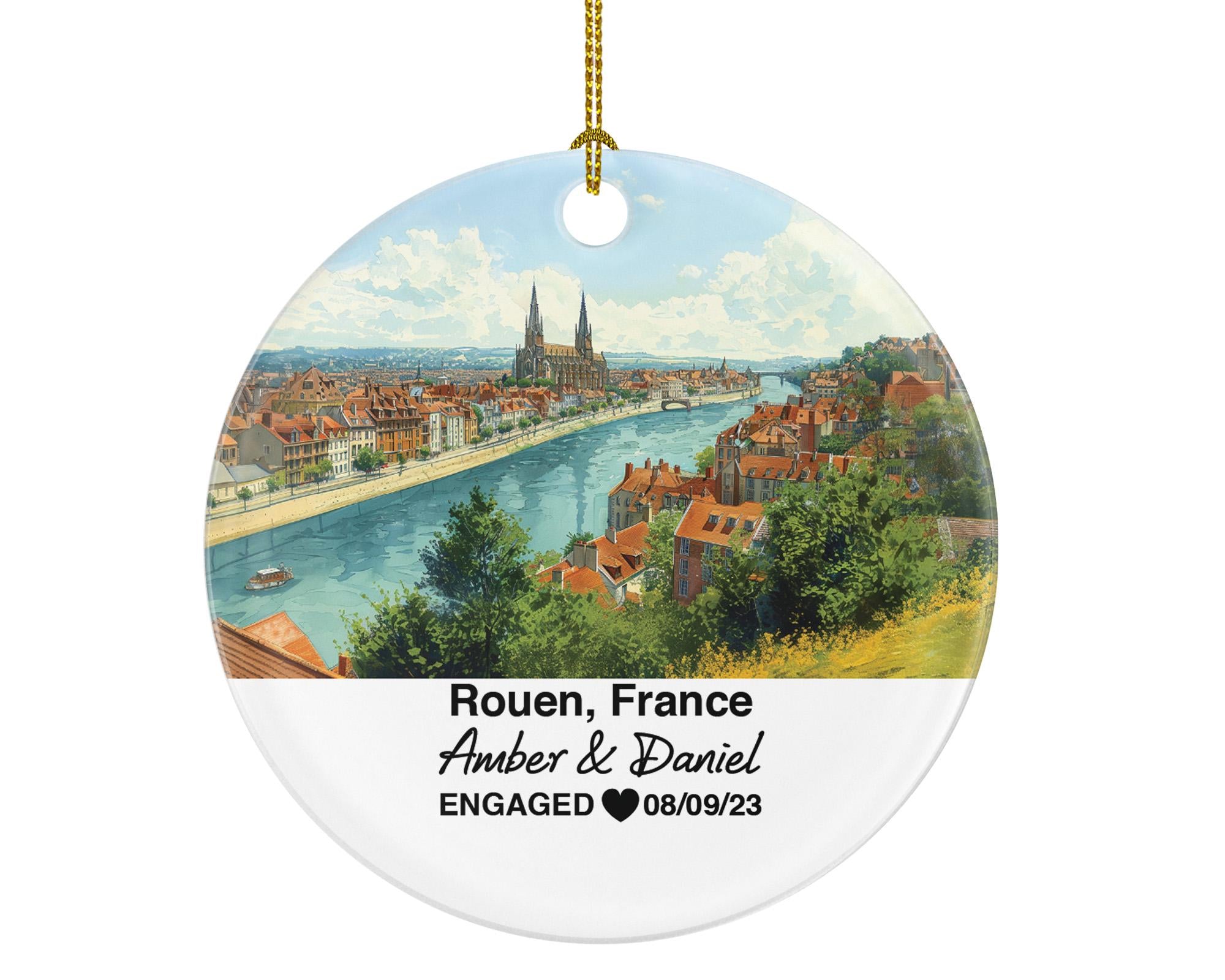 Personalized Rouen France Christmas Ornament, Gothic Cathedrals, Mr & Mrs Wedding, Engagement, or Honeymoon Keepsake for Couples