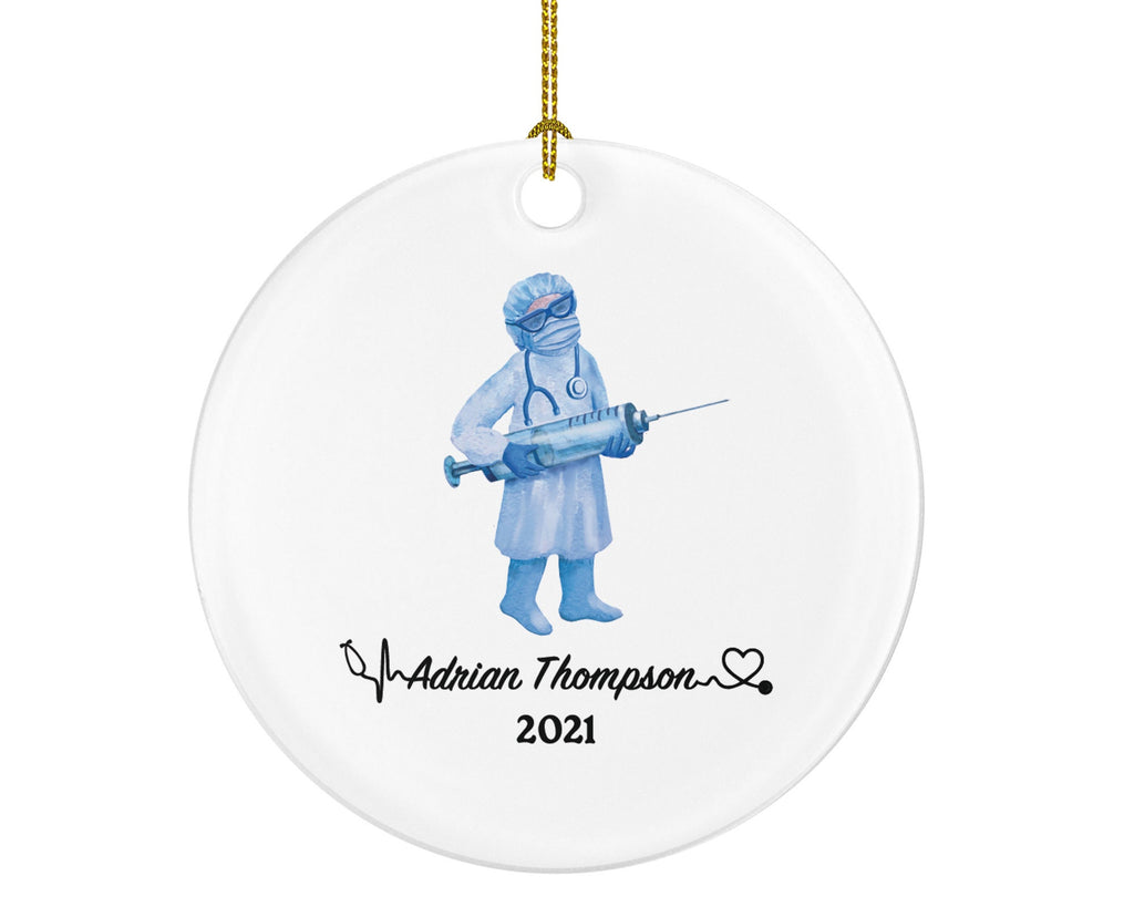 Doctor with Vaccine Christmas Ornament Personalized - Medical Doctor Health Worker Gift from Patient for Physician Practitioner MD
