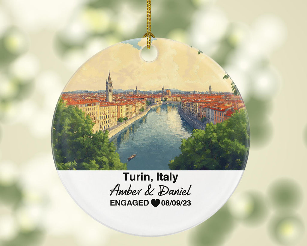 Custom Italy Turin Christmas Ornament, River Po, Alpine Backdrop, Personalized Couple Gift, Celebrate Wedding, Engagement, Honeymoon