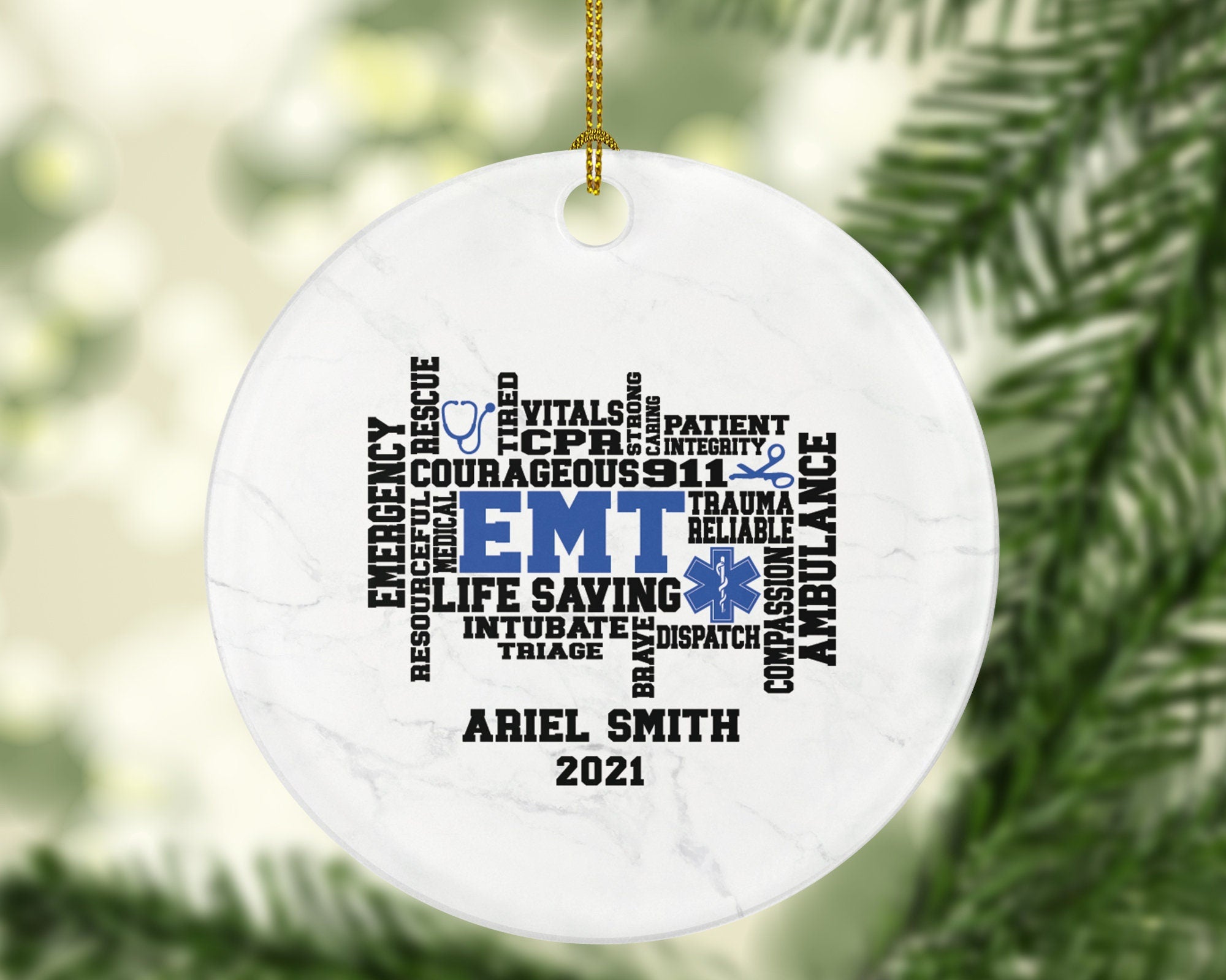 Emergency Medical Technician  EMT Christmas Ornament Personalized - Fist Responder Ambulance Custom Name Year Holiday Gift