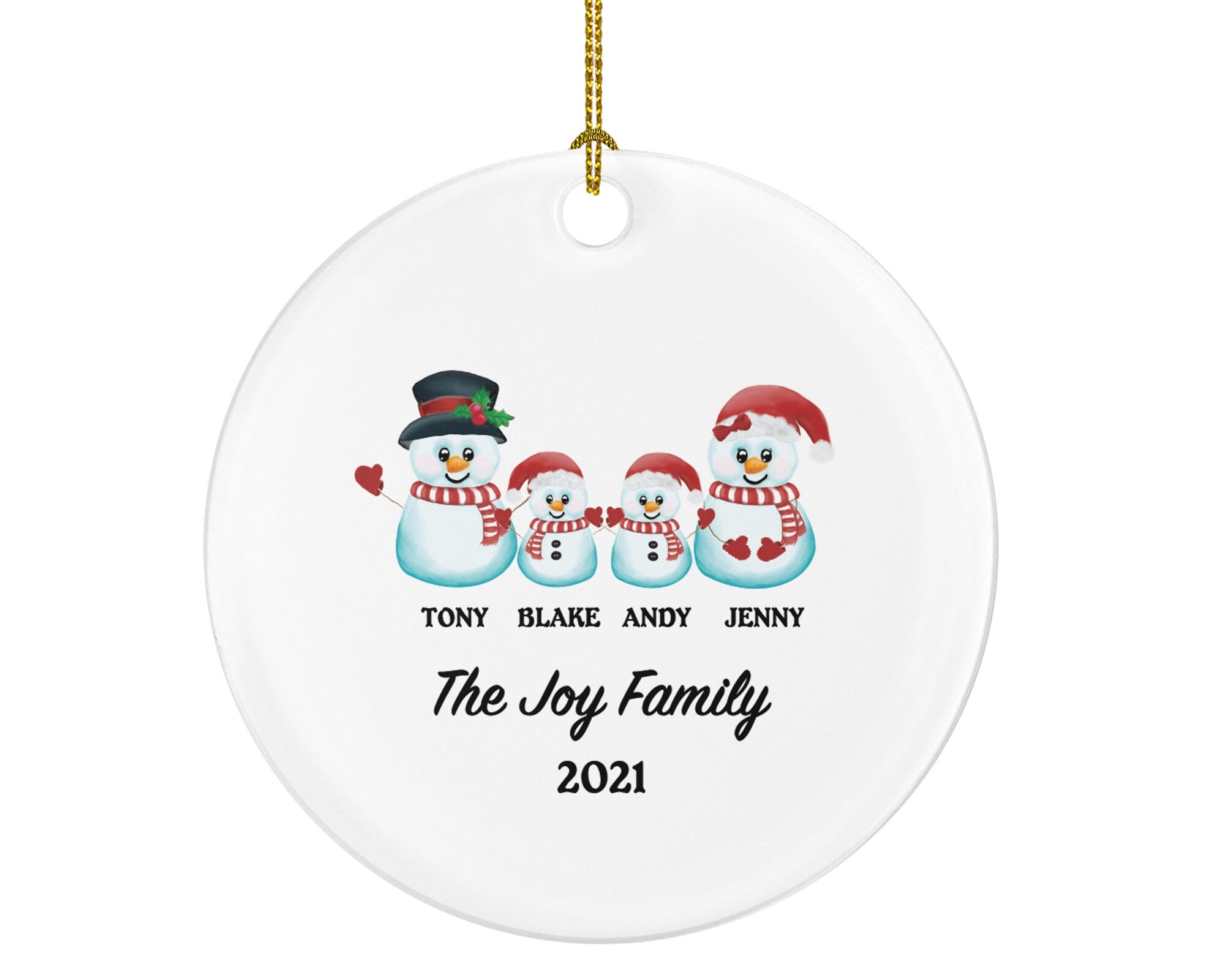 Family of 4 Christmas Ornament Personalized - Parents Mother Father Child Girl Boy Mom Dad Gift - Snowmen Family