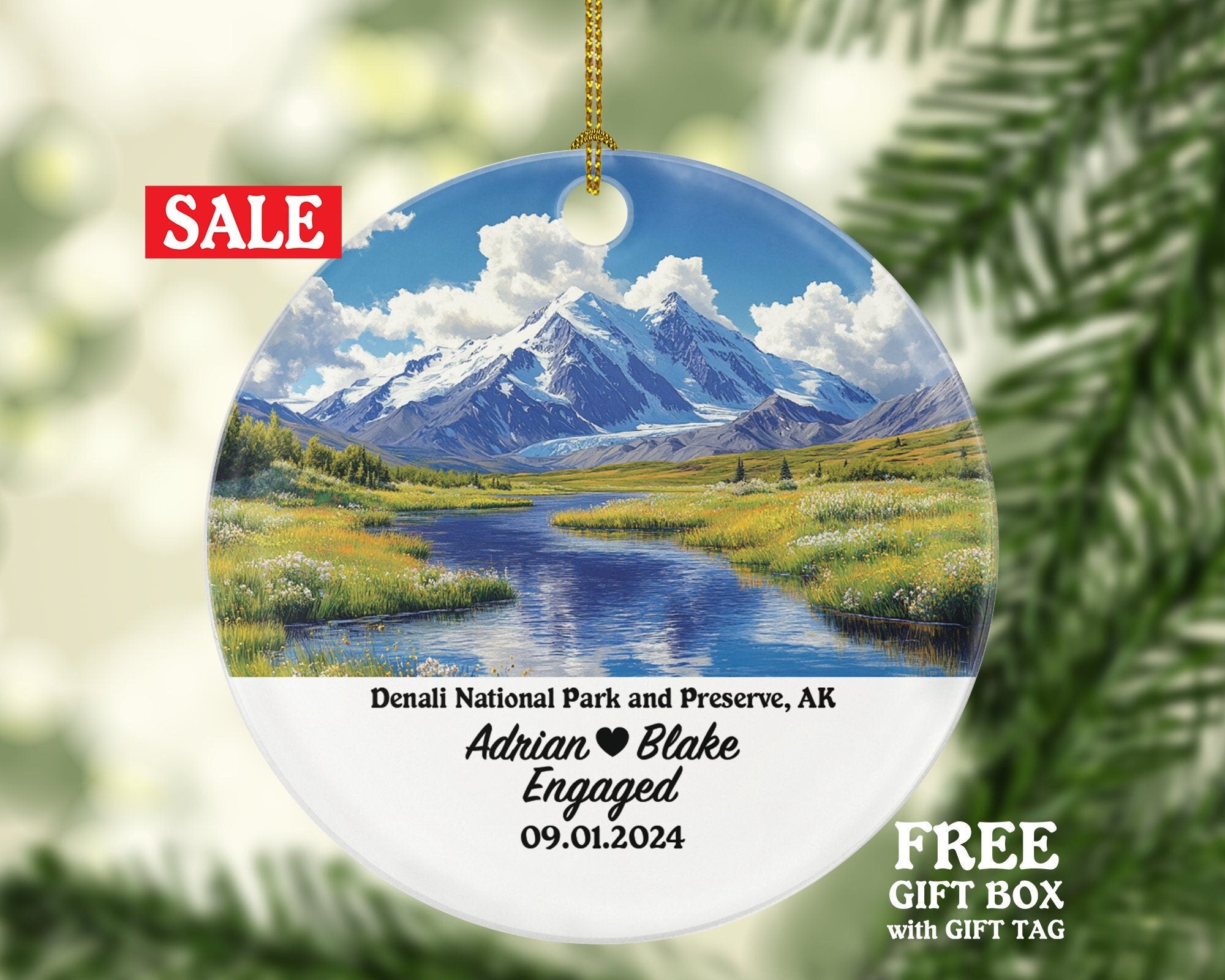 Denali National Park Christmas Ornament Personalized - Engaged Married Family Together Couple Travel Honeymoon Engagement Marriage