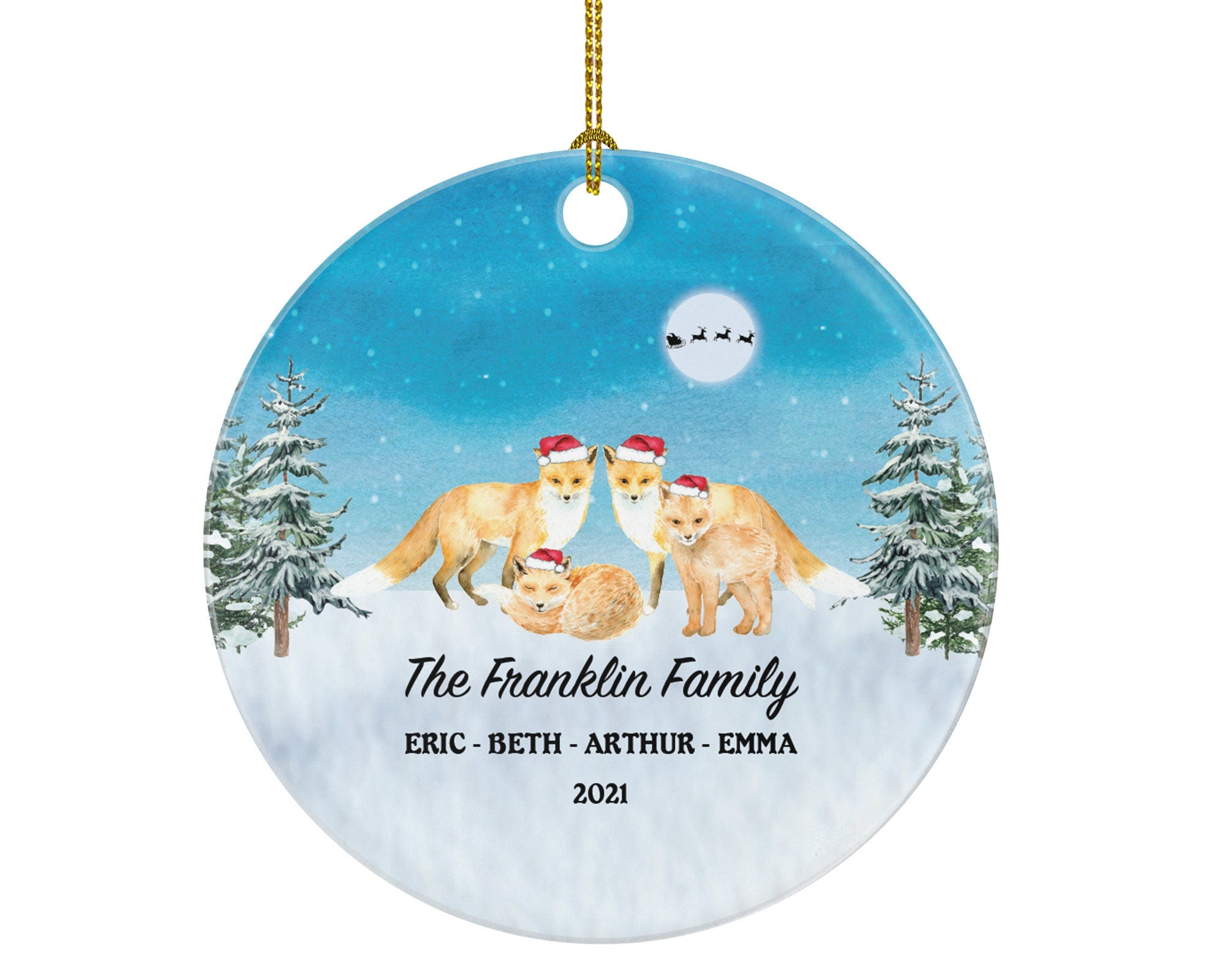 Personalized Family of 4 Christmas Ornaments Fox Foxes Family Custom Names Watercolor Family of Four First Ornament Gift for with Kids Xmas