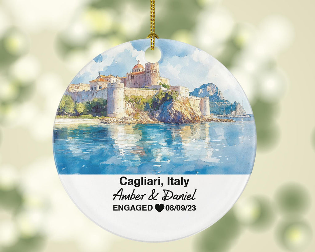 Personalized Cagliari Italy Christmas Ornament, Castello District, Custom Wedding, Engagement, Honeymoon Keepsake to Couples