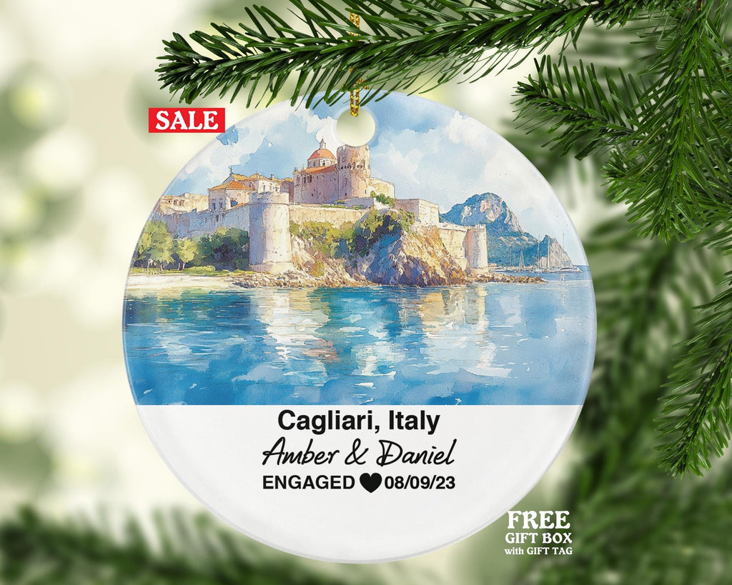 Personalized Cagliari Italy Christmas Ornament, Castello District, Custom Wedding, Engagement, Honeymoon Keepsake to Couples