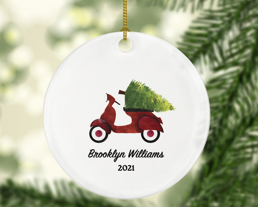 Red Moped Scooter Christmas Ornament Personalized - Riding Scooter Custom Gift - Delivery Moped Scooter with Tree