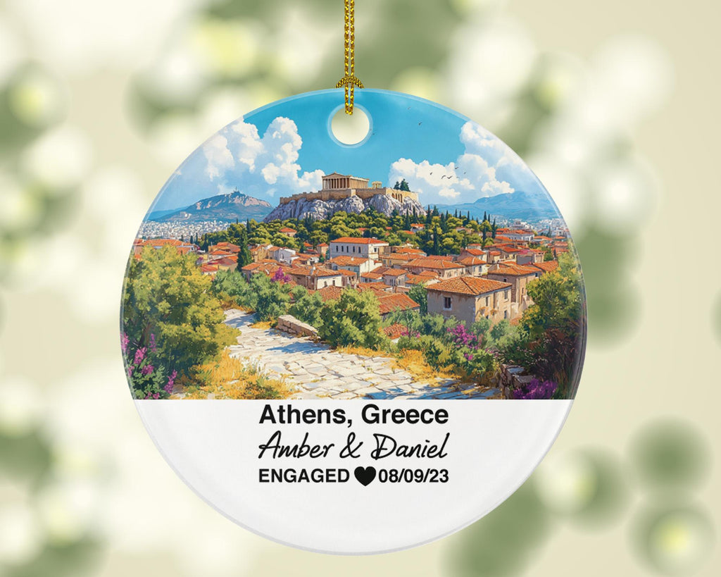 Athens Greece Round Ceramic Christmas Ornament – Personalized Holiday Keepsake, Custom Couple Gift for Wedding or Honeymoon