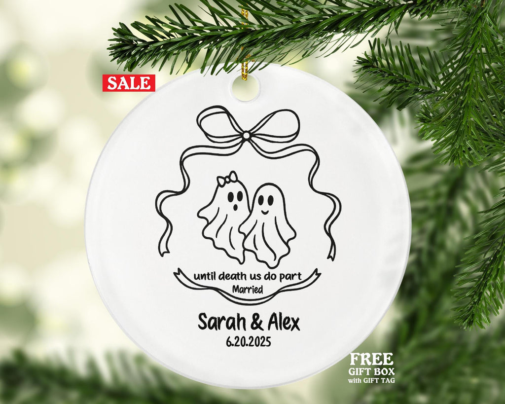 Minimalist Line Art Ghost Couple Wedding Ornament – "Until Death Us Do Part" Custom Married Keepsake Gift