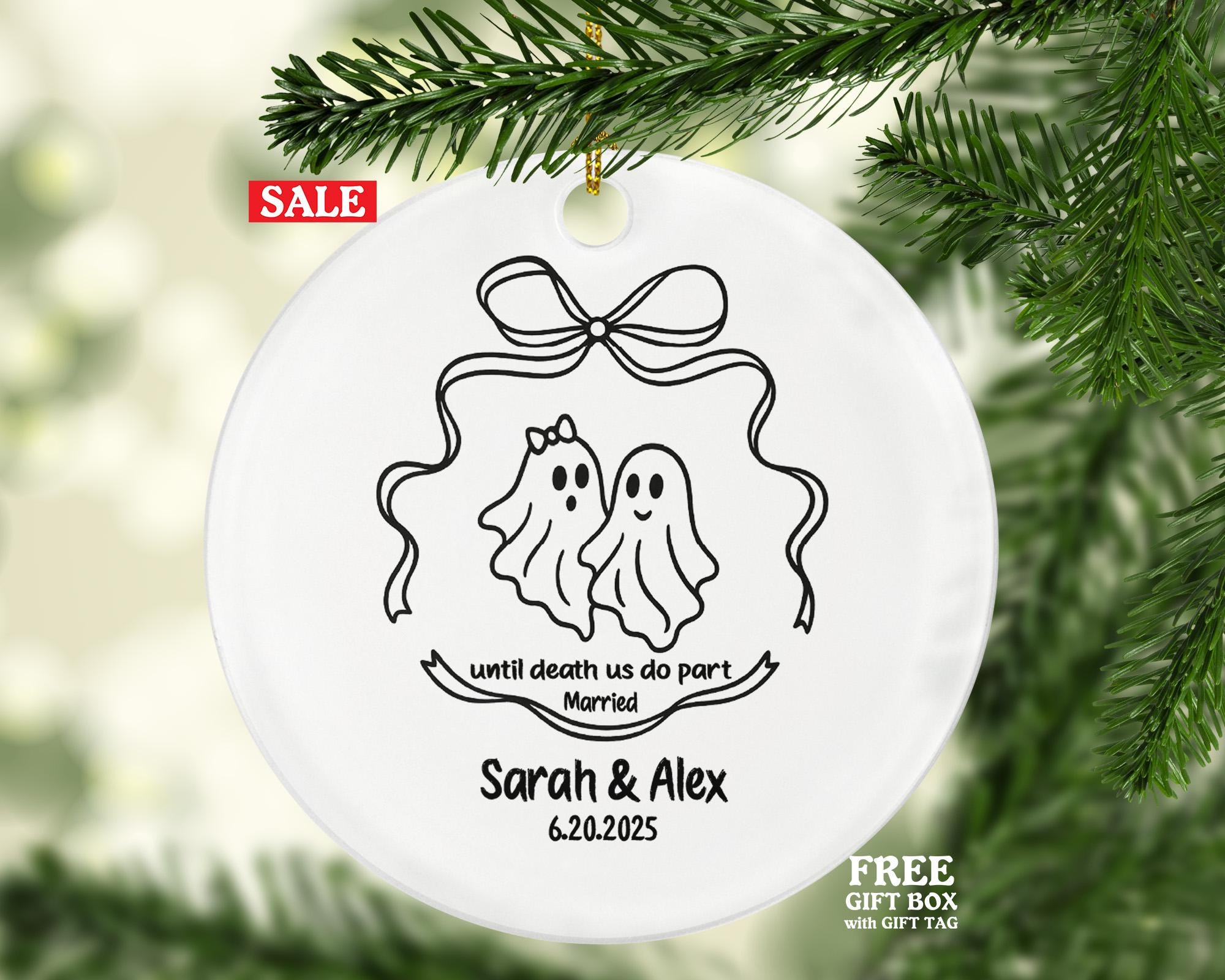 Minimalist Line Art Ghost Couple Wedding Ornament – "Until Death Us Do Part" Custom Married Keepsake Gift