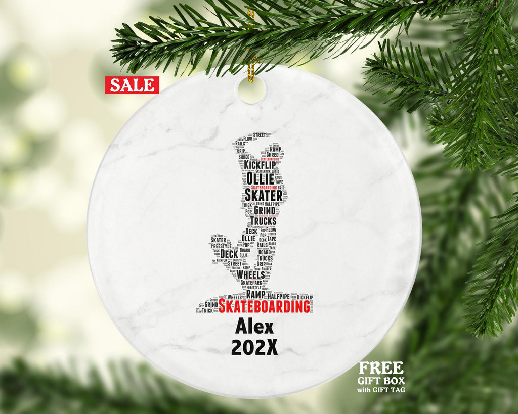Skateboarding Skateboarder Ornament, Skater Gift, Skateboard Word Art Ornament, Personalized Porcelain Keepsake for Skate Lovers