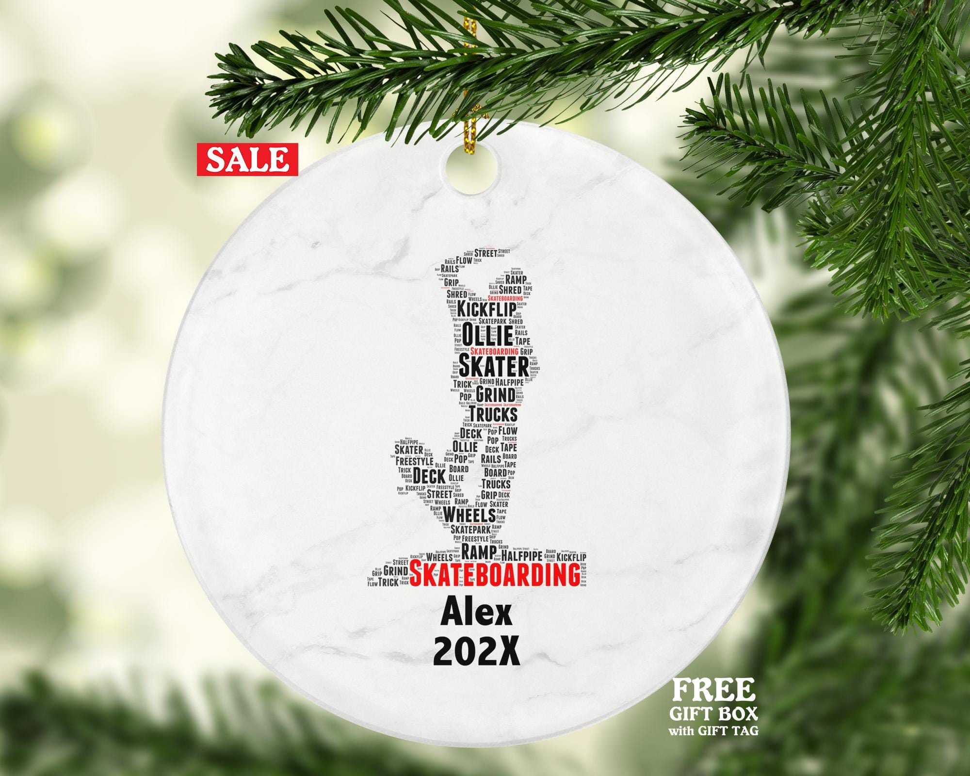 Skateboarding Skateboarder Ornament, Skater Gift, Skateboard Word Art Ornament, Personalized Porcelain Keepsake for Skate Lovers