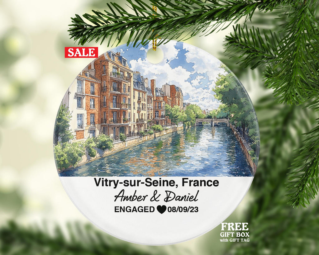 Personalized Vitry-sur-Seine France Christmas Ornament, Street Art, River Seine, Mr & Mrs Wedding, Engagement, or Honeymoon Keepsake for Couples
