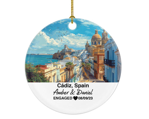 Cádiz Spain Round Ceramic Christmas Ornament – Personalized Holiday Keepsake, Custom Couple Gift for Wedding or Honeymoon