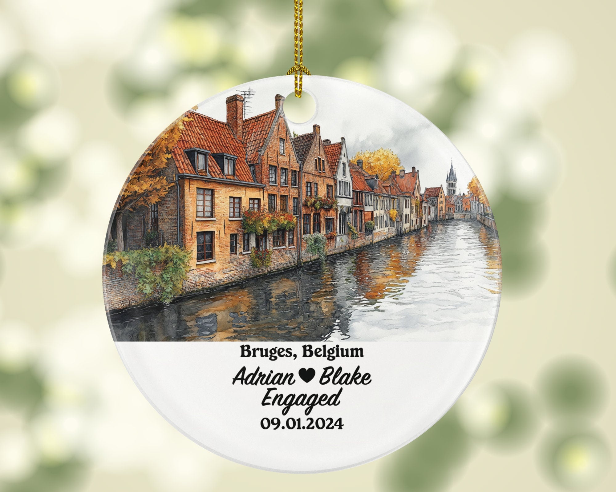 Bruges Christmas Ornament Personalized - Belgium Engaged Married Family Together Couple Travel Honeymoon Engagement Marriage