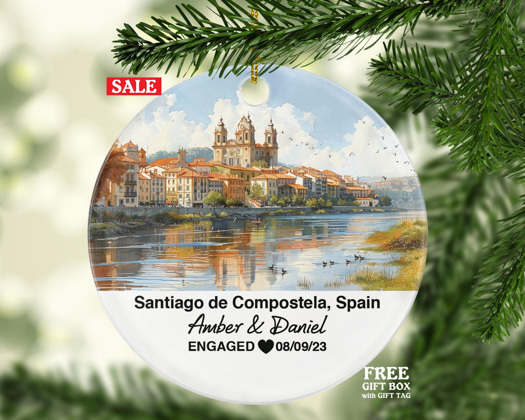 Santiago de Compostela Spain Round Ceramic Christmas Ornament – Personalized Holiday Keepsake, Custom Couple Gift for Wedding or Honeymoon