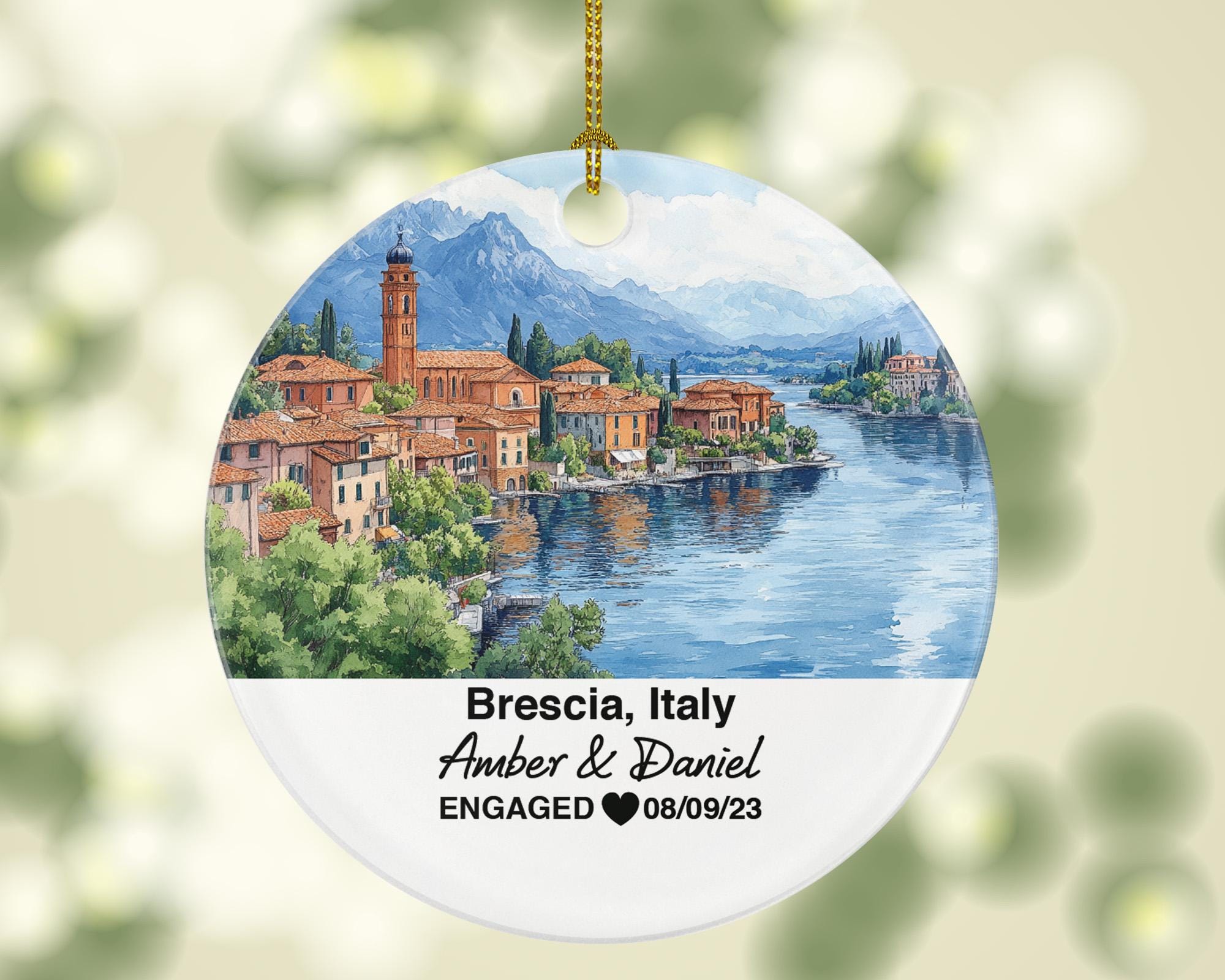 Custom Brescia Italy Christmas Ornament, Piazza della Loggia, Personalized Mr & Mrs Wedding, Engagement, Honeymoon Keepsake for Couples